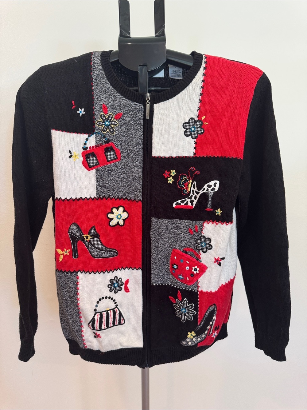 Alfred Dunner Women's Black Red Patchwork Zip-Front Sweater with Shoe Embroidery